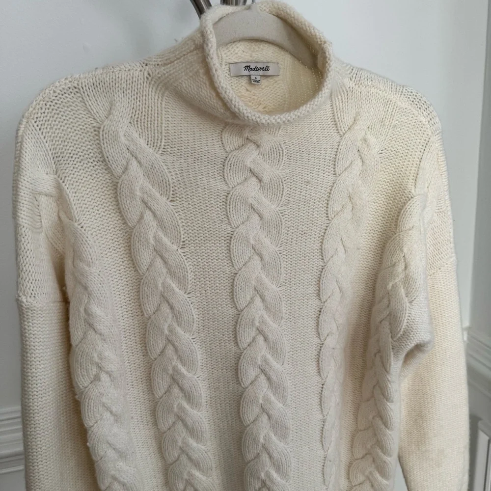 Madewell Cozy Ivory Cream Cable Knit Mockneck Sweater Size Small - Picture 5 of 9